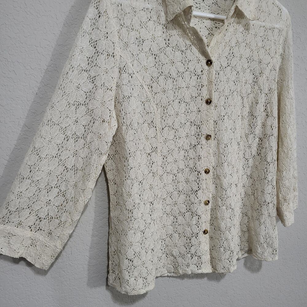 Coldwater Creek Lace Shirt Womens Large Cream Lace Summer Boho Coastal Cottage - Picture 10 of 12